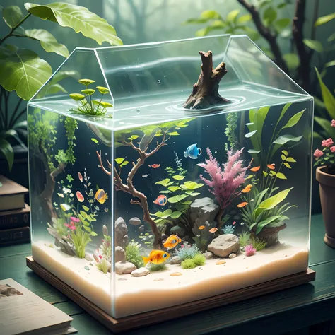 Transparent acrylic fish tank, home, stones, tree