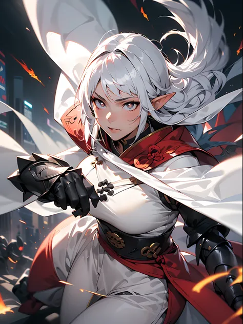 (jpn)),((Best Quality)),((Beautifully painted)),((hight resolution)),1girl in,Beautiful Elven Daughter,((onmyouji)),((suikan)),((White cloak with red decoration)),Luminescent bushy silver-haired ponytail,Shining eyes,(((black gauntlet and glove))),nice han...