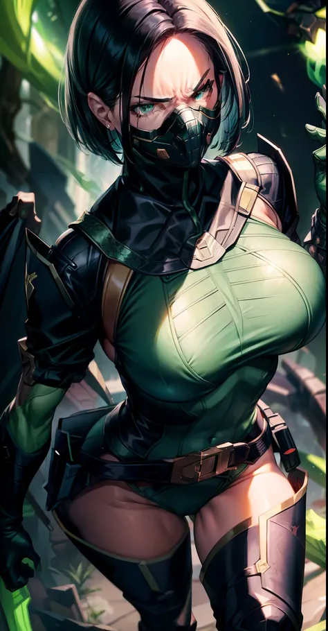 Masterpiece, Best quality,Look at the woman from the soles of her feet ，《Fearless viper》, in a bikini, mitts, belt, thigh boots, respirator, view the viewer, face, Portrait, Close-up, Glowing eyes, green smoke, Black background,huge tit，Raised chest，Bare-b...