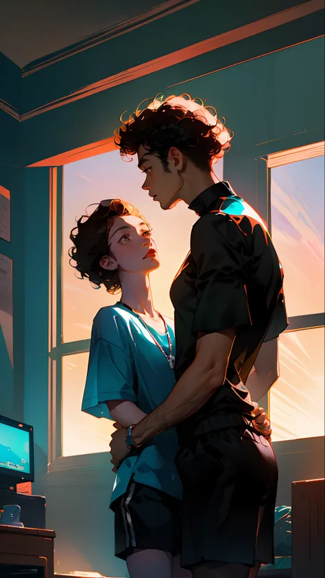 Two men，Look at each other，Hands on your head。inside in room。One of the men had curly hair，Calm expression。One short blue sleeve，One short white sleeve，broad shoulder，Black  shorts，Sunset outside the background window