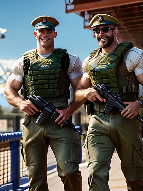 alternative future, three handsome muscular australian soldiers on vacation, 50 years, hairy bodies, alpha males, bulk huge bice...