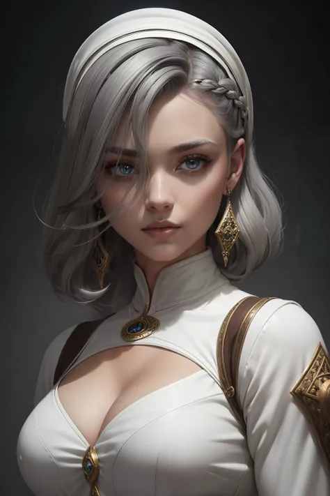 (((Medieval style aesthetic))) bust to waist ((half body)) ((beauty shape)) perfect skin, hyperrealistic masterpiece, in extremely complex & superdetailed white plugsuit, cinematic illumination: 8k, symmetrical eyes, realistic, sharp focus, HD, highly deta...