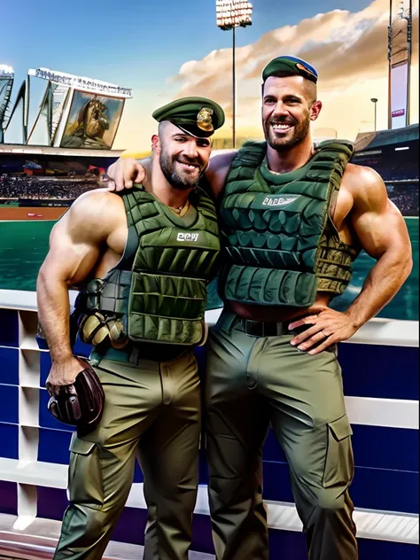 Alternative future, three handsome muscular Australian soldiers on vacation, 50 years, hairy bodies, alpha males, bulk huge biceps, baseball pants, sunny stadium, snuggle together, threesome, sexy smile, 4k, high detailed, handsome, dark age, art by Stanle...