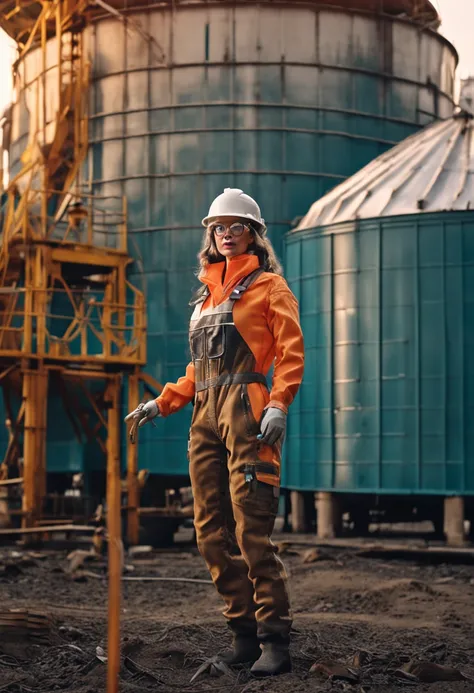 a boneca barbie vestida com EPI (capacete, corda, WMASK, eyeglass, Work safety clothing to enter the soy silo in Brazil), The environment has silos and grain dryer, hq anime, 4k, Realistic