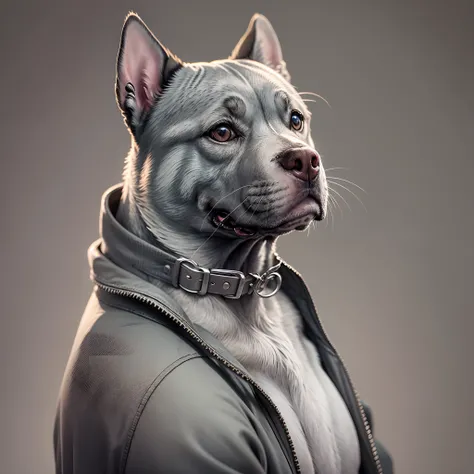 gray pitbull with ear cropped in jacket --auto --s2