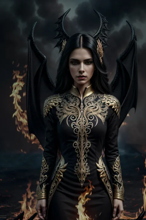 portrait of ((a beautiful dark woman)) with (black dragon wings) (wearing a black and gold dress) (surrounded by fire) ; (intricate detail) ; high-quality ; (ornate motifs) ; (flowing hair) ; centered ; (symmetric face) ; ArtStation ; wlop ; (greg rutkowsk...