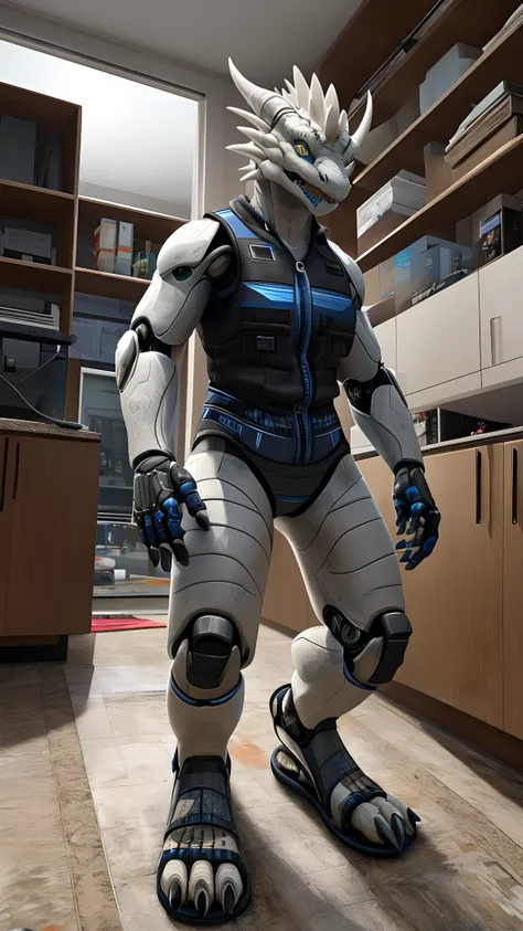 Bionic robot dragon，female，Gilet blanc，white  panties，sandals，Install the controlled chip in the apartment，HD graphics，Detailed and realistic，high detal，high qulity，photo-realistic，photorealistic eye，Detailed paws，Clear eyes，Masterpiece artwork