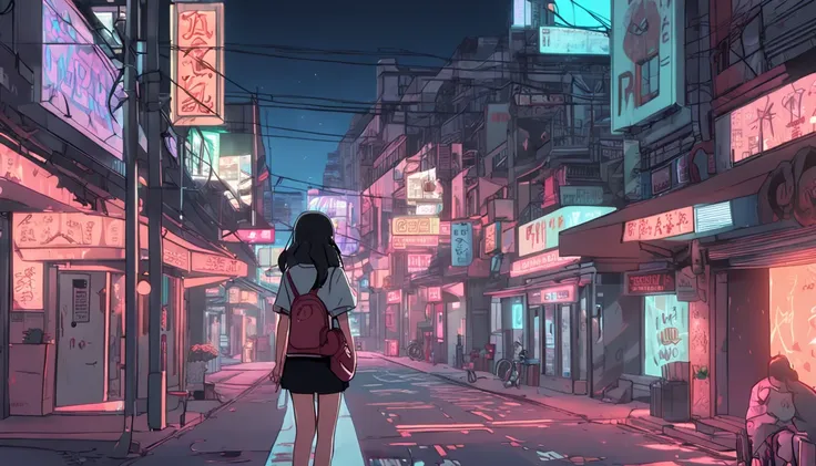 1girl in, breasts, A dark-haired, off shoulders, Large breasts, Animated scene of street with neon signs and buildings, lofi hip hop, lofi artstyle, lofi art, chillhop, lofi, anime movie background, Anime Background, lofi aesthetic, Wit Studio Anime, lofi ...