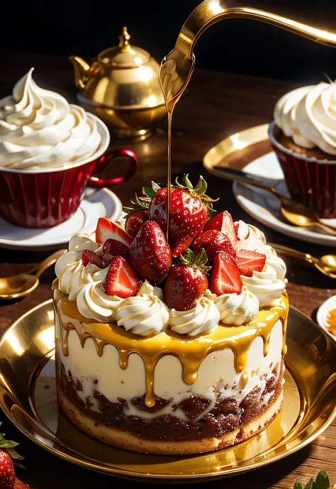 ​masterpiece、hightquality、top-quality、Indulgent cream cake served on a gold plate、strawberry、foodphoto、