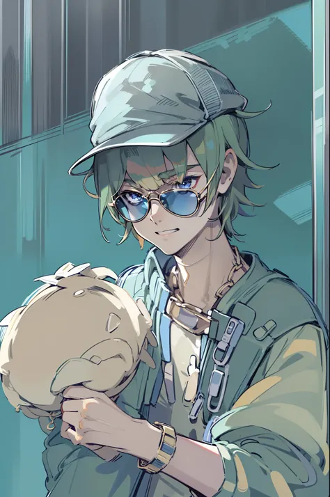 (1boy,masculino),Menino de anime com cabelo azul e uma camisa de beisebol, Estilo anime 2D,hat, blue jacket,eyewear on head