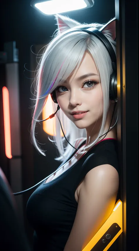 Silver hair, huge ahoge, Multicolored eyes, Cat ear headphones, Seductive smile, modern, OP Art, Vignetting, Red fluorescent lamp side lighting detail，Ray tracing, Glowing light, Eye level shots, From the outside, foot out of frame, hyper HD, Textured skin...