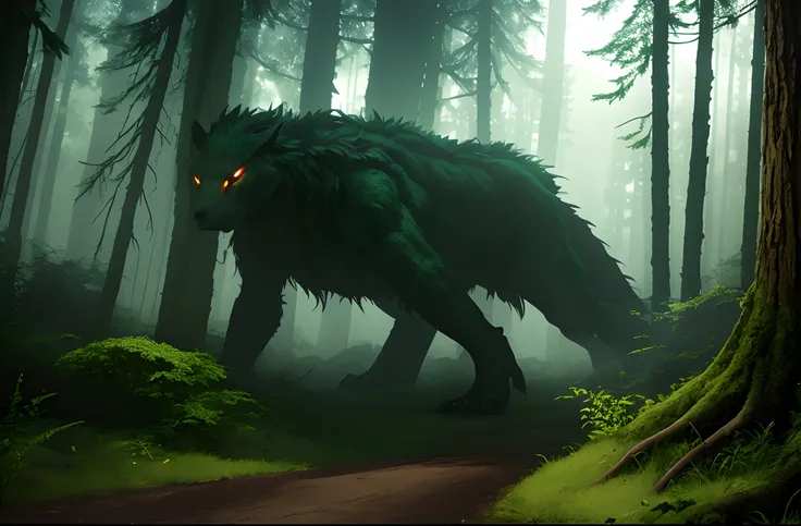 There is a big green monster walking through a forest, Fenrir, arte conceitual da criatura, conceito de criatura realista, criatura misteriosa, criatura sinistra escondendo detalhado, rondando a floresta, arte conceitual monstro, Directed by: Adam Marczyńs...