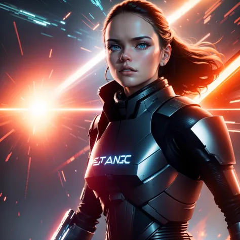 a close up action shot of epic Sci fi Hot Daisy Ridley, Detailed clothing details, Liquid effect, space, Interstellar battlefield photography, natural light, photorealism, cinematic rendering, ray tracing, the highest quality, the highest detail, Cinematic...