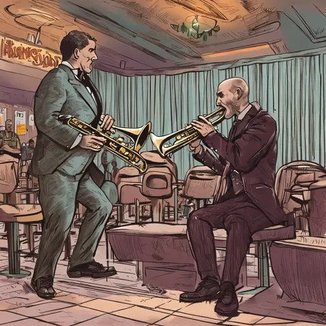 a realistic saxophone fighting a atrumpet