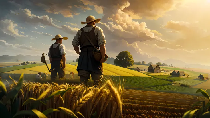 Oil painting, there are two farmer men sowing wheat in the field, 8k uhd, cinematic lighting, high quality.