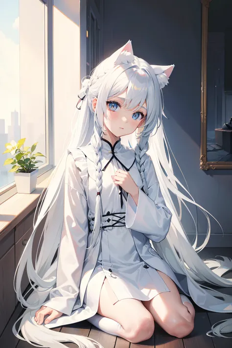 Need，tmasterpiece，Youth，White，cat ear，long white robe，quadratic element，apathy，long  white hair，SideBraid，Look up，astonishment，Sit on your knees，white stockings