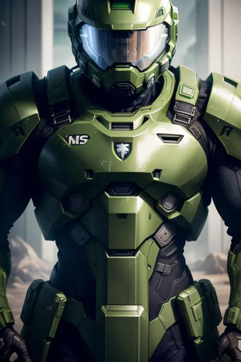 a close up of a man in a green suit with a helmet and goggles, mjolnir armor from halo infinite, metallic green armor, green armor, master chief, master chief from halo, wearing green battle armor, halo master chief, wearing green armor and helmet, hardsur...