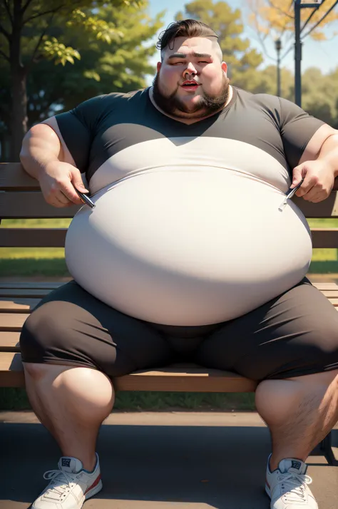 Pot-bellied fat man on bench，Sit and play with your phone