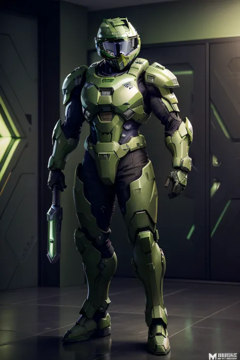 Full body shot of a man in a green suit with a helmet and goggles, mjolnir armor from halo infinite, metallic green armor, green armor, master chief, master chief from halo, wearing green battle armor, halo master chief, wearing green armor and helmet, har...