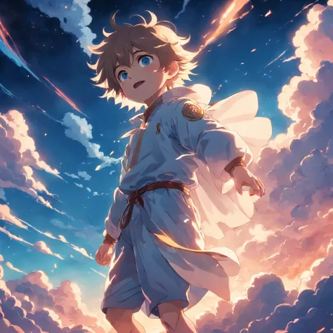 Masterpiece, Best Quality, Movie Stills, 1boy, Cloud Boy, Floating in the Sky, Close-up, Bright, Happy, Warm Soft Light, Sunset, (Sparkle: 0.7)