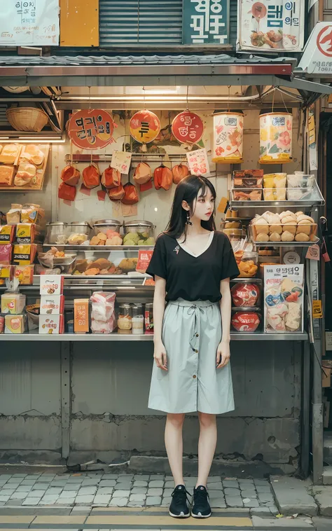 a woman standing in front of a food stand in a busy street, korean girl, ulzzang, beautiful south korean woman, chinese girl, popular south korean makeup, korean womens fashion model, popular korean makeup, beautiful young korean woman, japanese city stree...