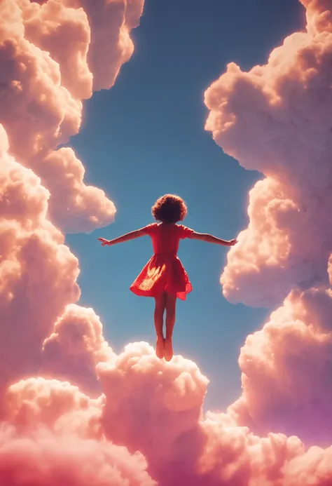 masterpiece, best quality, movie still, 1girl, cloud girl, floating in the sky, close-up, bright, happy, warm soft lighting, sunset, (sparks:0.7)