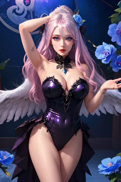 detaileds、very long silver hair、albedo、Succubus、Black wings、独奏、big cute eye、The pupil is a pink pupil、The inside of the eye sparkles like a diamond、Tight clothes、A little erotic、Cool black feathers on dance background、Background surrounded by blue flowers、...