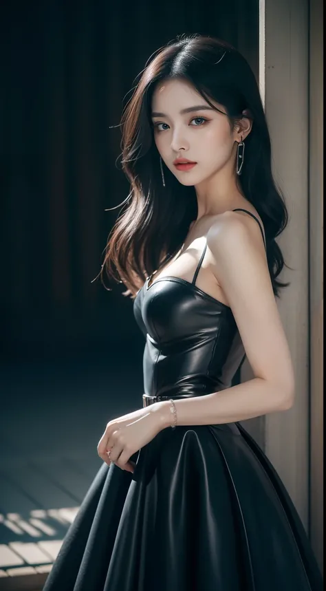 (highy detailed，8K，realisticlying，meticuloso，Real Human)The Dark Temperament Queen exudes a cold charm，She has a face that is hard to ignore。Thick slender black hair draped over his shoulders，Exudes a touch of mystery。Her eyes were deep and sharp，Like star...