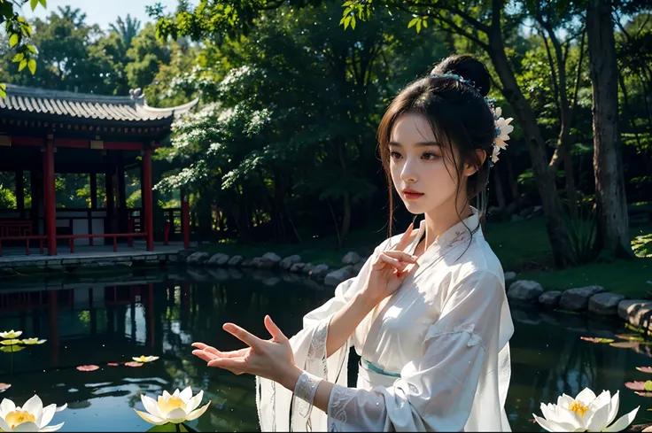 Realistic, close-up, intricate details, super detailed, natural skin texture, 1 girl, hair bundle, bun, beautiful Chinese woman in white hanfu robe cloak, fairy, white mist, golden light, white mist, outdoors, in Hangzhou West Lake, in ancient Chinese pavi...