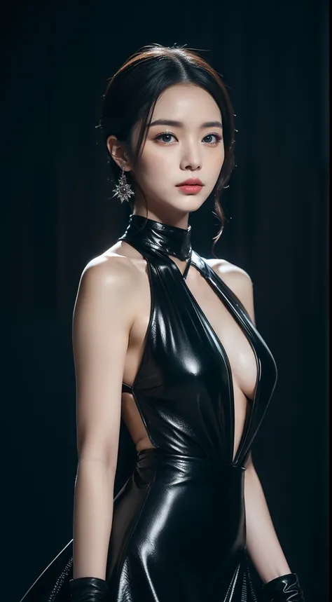 (highy detailed，8K，realisticlying，meticuloso，Real Human)The Dark Temperament Queen exudes a cold charm，She has a face that is hard to ignore。Thick slender black hair draped over his shoulders，Exudes a touch of mystery。Her eyes were deep and sharp，Like star...