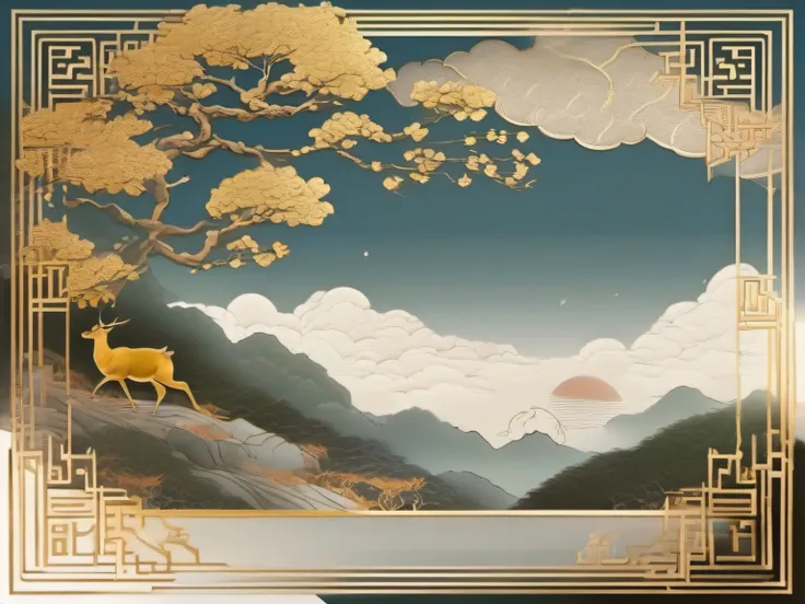 （In the lower left corner there is a deer walking to the left:1.2），back to look back，Ao olhar para cima，Raise one front leg，​​clouds，mont，China-style，Ancient fragrant tree，Foil stamping lines，Light gold background，8K high-definition