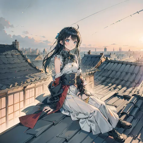 1 girl outdoors， late， starrysky， in a panoramic view， scenecy， horizon， the roof， sitting on rooftop， ventania，