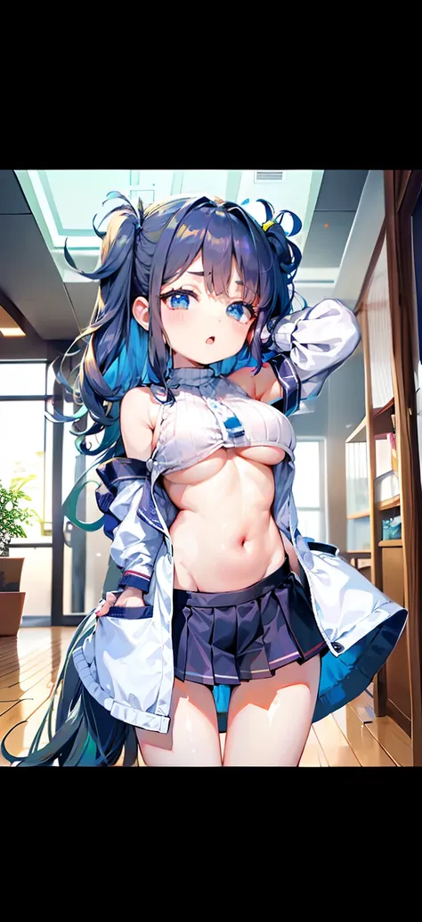 女の子1人,(,petite short stature),Young and cute idol face、(Lorioppai)(Clothed big breasts , Loli breasts,Mi Hot Pants）Double piece with hands raised (WatercolorPrivate Services, Shoulder Knitwear,Shoulders exposed、Back exposure） Huge breasts,