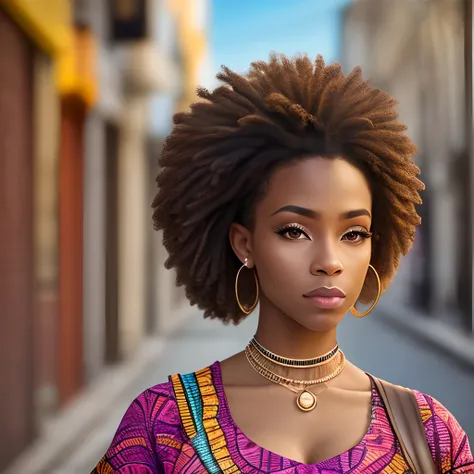 A photo portrait of an african-american woman model in the street, detailed background,wide angle --auto --s2