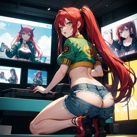 Full body shot, female asian Irina Shidou red hair twintails green eyes, in a game arcade, wearing a bomber jacket and crop top and denim shorts, playing on a playstation console on a big screen tv, side shot, back shot, shot from backside, behind shot, ma...