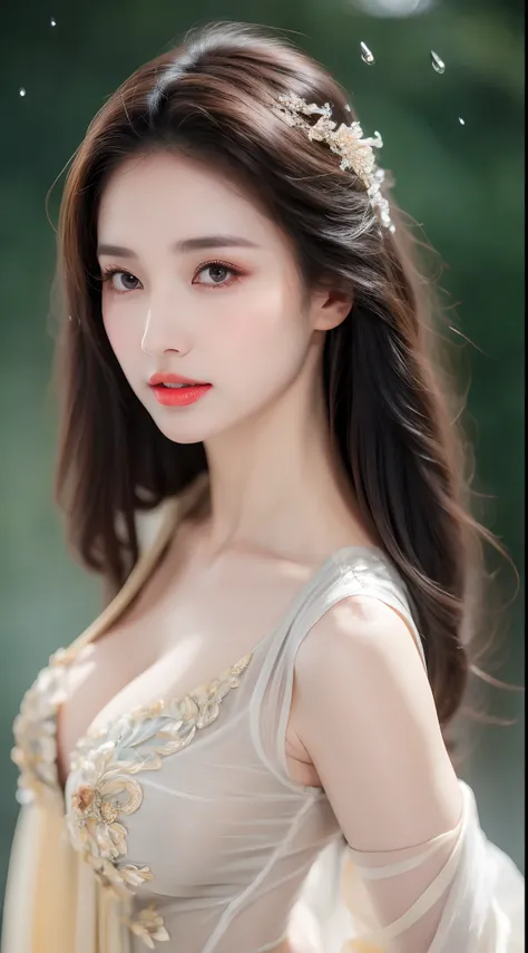 ((Best Quality, 8k, Masterpiece: 1.3)), Focus: 1.2, Perfect Body Beauty: 1.4, Buttocks: 1.2, ((Layered Haircut)), (Wet Clothes: 1.1), (Rain, Street:1.3), (Breasts: 1.2), (Hanfu: 1.2), Bare Shoulders, Bare Legs, Highly Detailed Face and Skin Texture, Fine E...