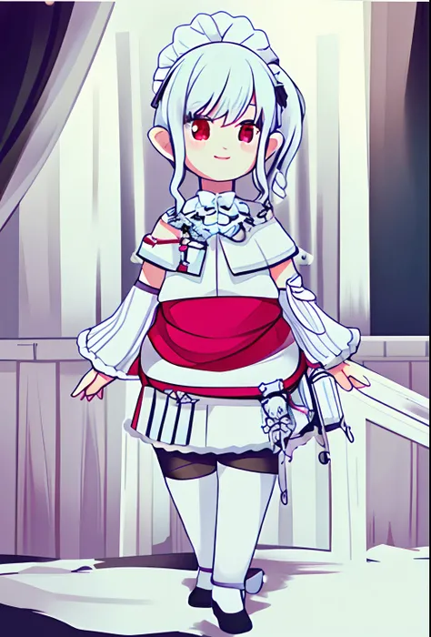 Larafael，1girll，side ponytails，（tchibi：1.3），ssmile，red - eyed，white  clothes，black lence stockings，white color hair