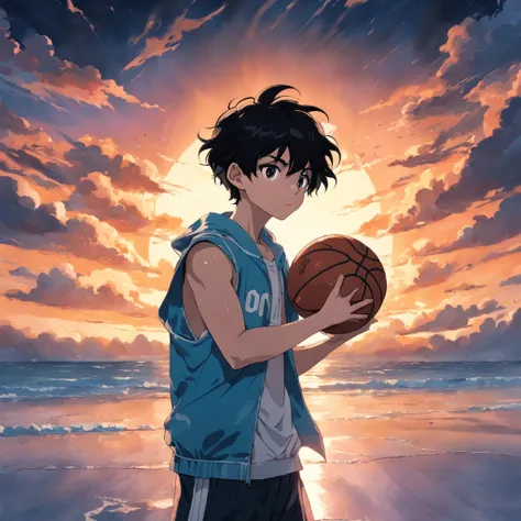 tmasterpiece，best qualtiy，cinematic Film still from，1boy，Cloud Boy，black color hair，holding a basketball，closeup cleavage，brightly，cheerfulness，Warm and soft lighting，the sunset，（spark of light：0.7）