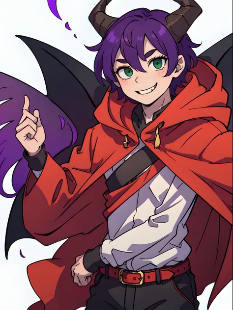 top-quality、((Deformed))、Boy with short purple hair、Green eyes、demonic horns、a smile、red cloak、Composition that reflects the upper body