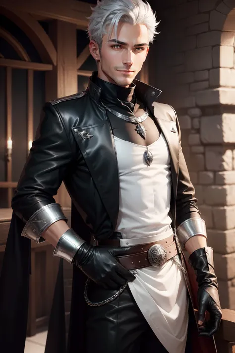 male, black coat, silver eyes, silver swept back short hair, black sash, white blouse, charming smile, rolled up sleeves, leather gloves, fantasy, medieval, tavern, silver gauntlet, cool, casual, strong