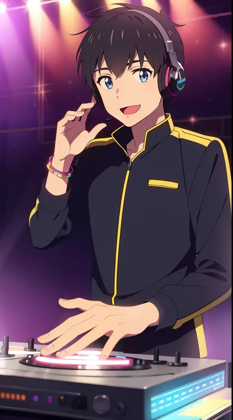 shinkai makoto, kimi no na wa., tachibana taki, 1boy, male, bangs, black hair, blue eyes, male focus, Lolita Performance Wear, short hair, looking at the viewer, smile, open mouth, :D, long sleeves, bracelet, DJ boy, nightclubs, mirror ball, headphones, di...