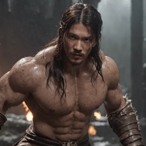 (Realistic:1.3) most beautiful artwork photo in the world, asian male ((Epic hero fantasy muscle man rough wet hero long hair short beard in dynamic pose, Fantastic location, Majestic cluttered environment)), full body 8k, action shot, skin pore, very dark...