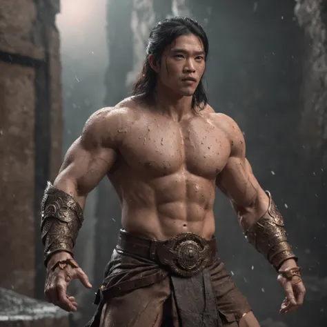 (Realistic:1.3) most beautiful artwork photo in the world, asian male ((Epic hero fantasy muscle man rough wet hero long hair short beard in dynamic pose, Fantastic location, Majestic cluttered environment)), full body 8k, action shot, skin pore, very dark...