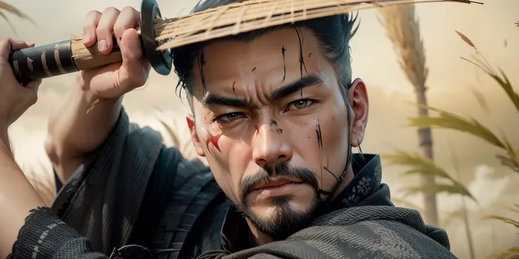 Ghost of Tsushima character, Jin Sakai gazing the gruesome face mask he is holding in his hand, stark imagery, in a field of pampas grass on a stormy windy fall day, 64k resolution hyperdetailed photorealistic