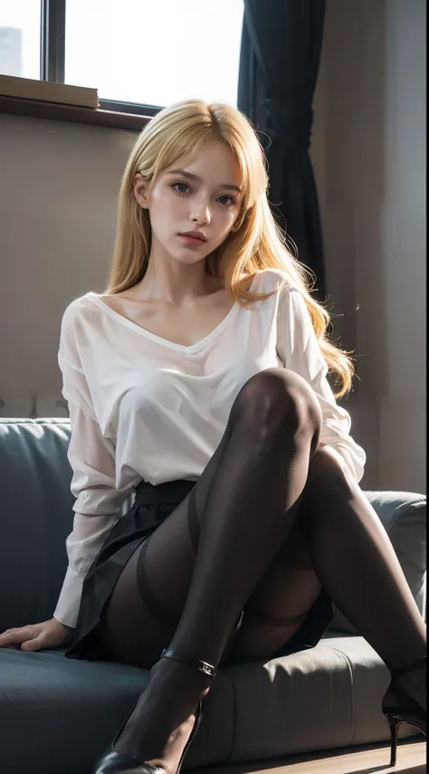 (full bodyesbian:1.5)，(1girll:1.3),(view the viewer:1.4)，(anatomy correct:1.4),(Opaque pantyhose and pointed heels :1.3),(Sitting on the sofa in the living room:1.2),(Wear a high-waisted skirt:1.2),(Very long blonde hair:1.2),(Accurate and perfect face:1.3...