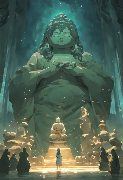 stone statue，Middle position，Gravel Buddha statue，Its bad，Incomplete，stone statue，Chinese Buddha statues，run-down，moss，muscle men，of a shirtless，Meditate at the table