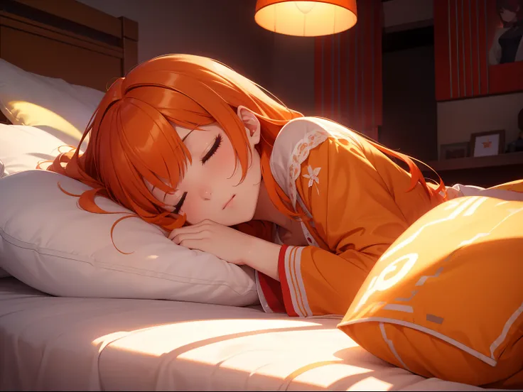 extremely details CG, Caustics, Cinematic lighting、超A high resolution、独奏、1girl in、Competing Art、bright orange hair、bedroom、on the beds、Sleeping soundly、s Pajamas