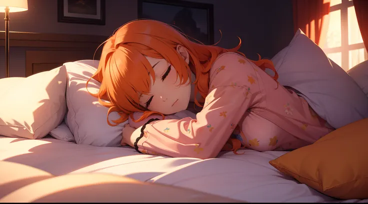 extremely details CG, Caustics, Cinematic lighting、超A high resolution、独奏、（1girl in、Competing Art、bright orange hair、PILLOWS、on the beds、Sleeping soundly、s Pajamas）