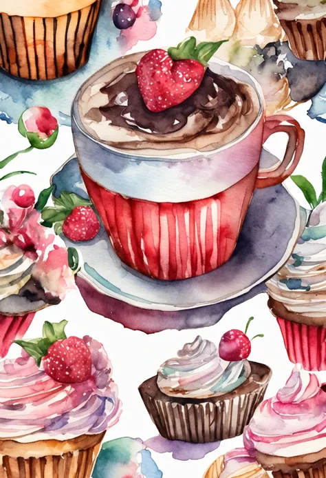 watercolor clipart of a cup of coffe with cupcake, no background, no shadow