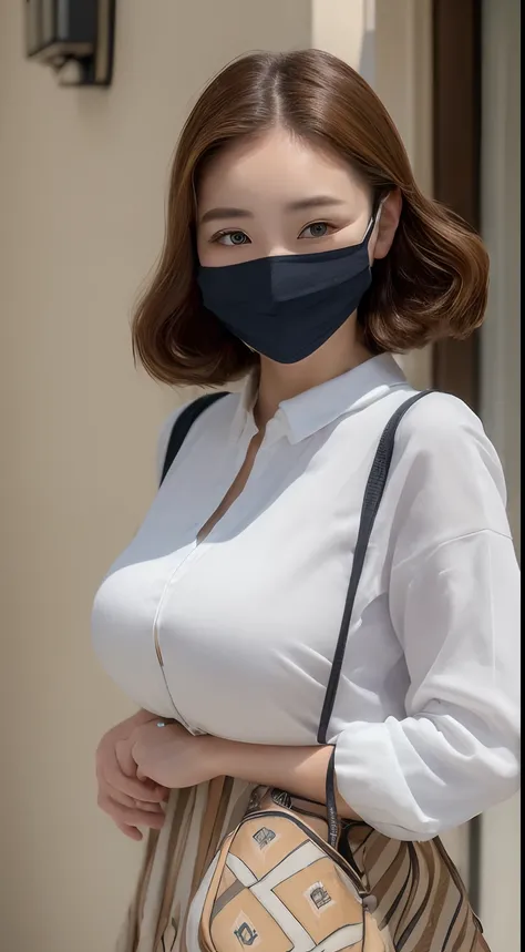 ((top-quality、8K、​masterpiece:1.3))、1girl in、(masks:1.3)、(Hairstyle Casual、huge tit:1.2)、doress:1.1、Super fine face、Delicat eyes、二重まぶた、a smile、home